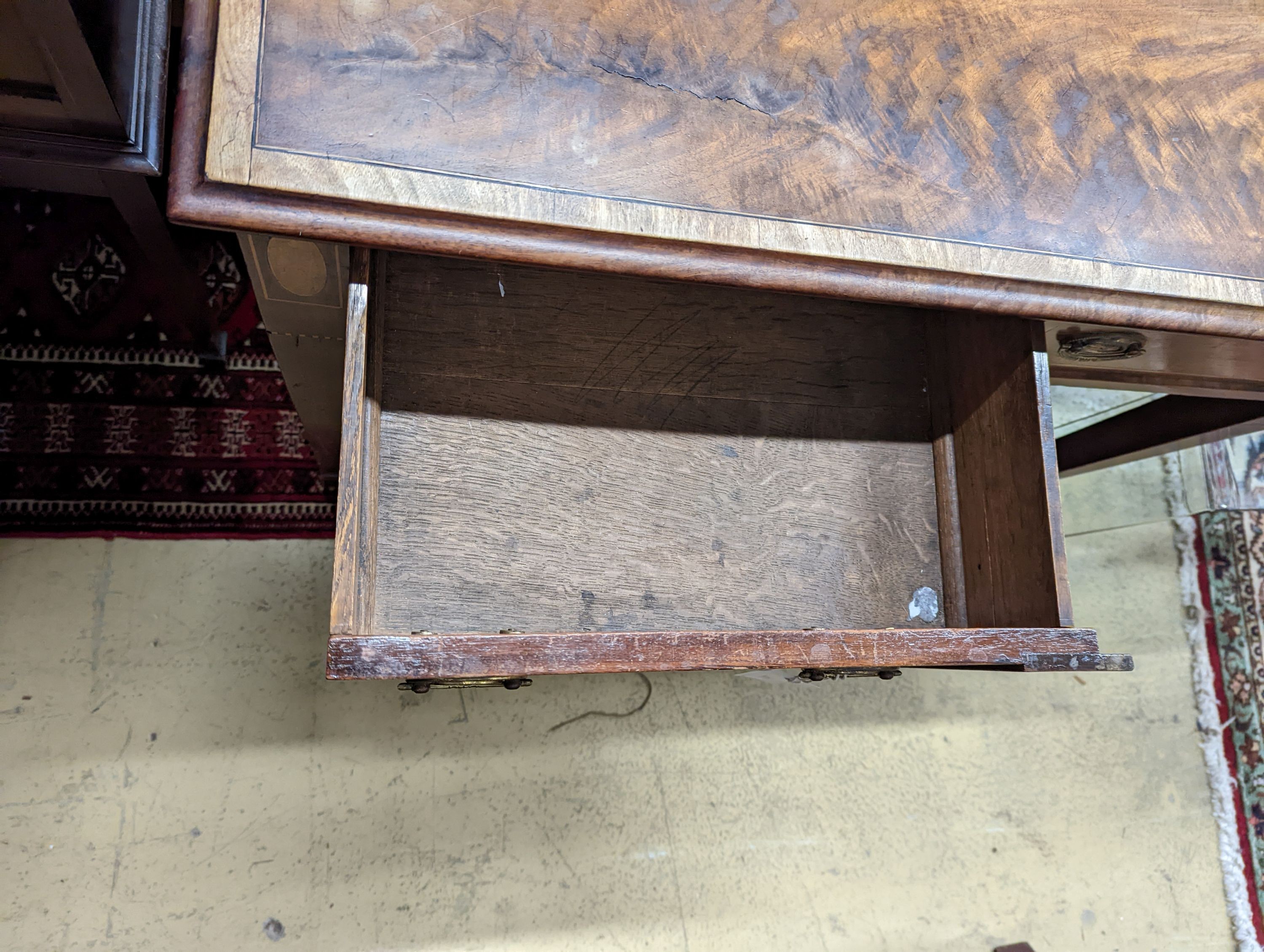A George IV satinwood inlaid rectangular mahogany side table, width 93cm, depth 54cm, height 75cm